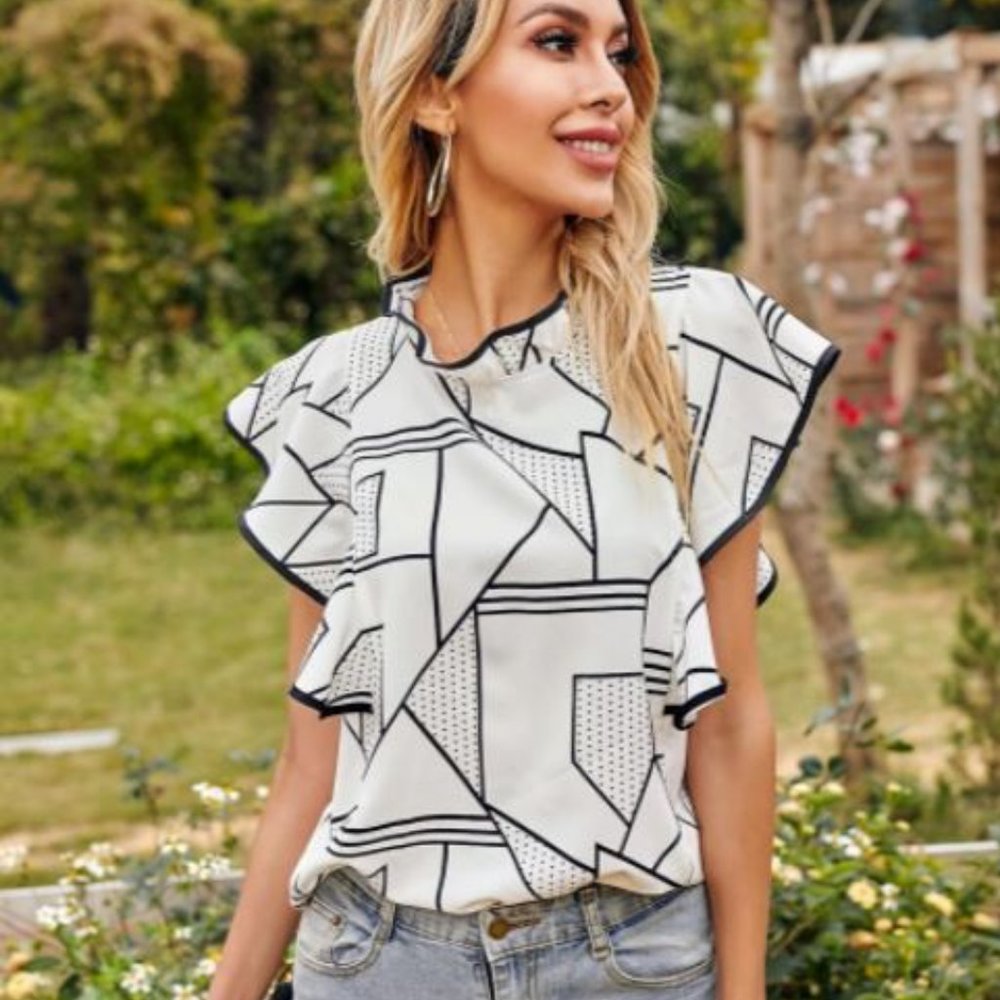New Geometric Print Ruffle Trim Blouse - Picture 5 of 7